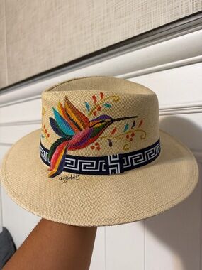Embroidered Rainbow Hummingbird Straw Hat